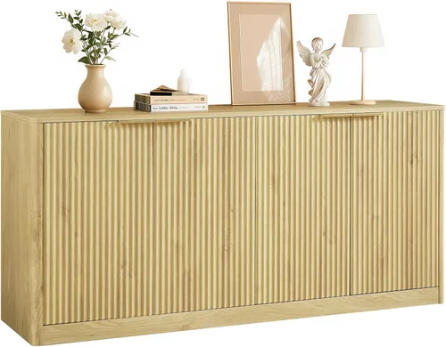 Miniatura 11 de Aparador de buffet acanalado de 59 pulgadas con almacenamiento, credenza grande con 4 puertas, armarios de almacenamiento decorativos de mediados