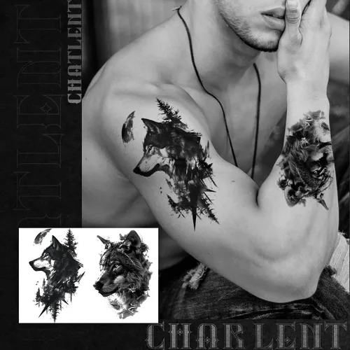 Miniatura 4 de CHARLENT 18 tatuajes temporales realistas de oso tigre, león, lobo para hombres y adultos, calcomanías de tatuajes de animales falsos negros