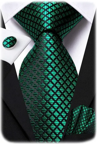 Miniatura 97 de Hi-Tie Corbata clásica de cachemira para hombre con pañuelo y gemelos a cuadros