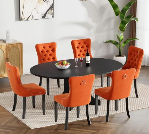 Miniatura 82 de Juego de mesa de comedor de mármol sintético blanco para 6 personas, juego de mesa de comedor extensible de 7 piezas de 63 a 78.74 pulgadas con 6