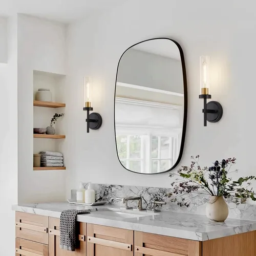 Miniatura 3 de Juego de 2 apliques de pared cableados negros y dorados, modernos apliques de tocador de baño con pantalla de vidrio transparente, luces de montaje