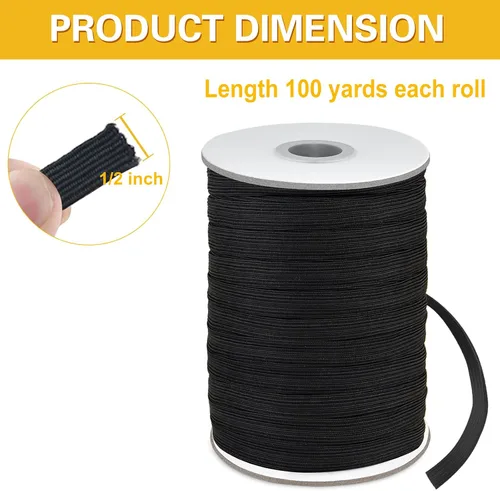 Miniatura 2 de Coopay Bandas elásticas planas de 100 yardas de largo, 1/2 pulgada de ancho, cuerda elástica plana para coser proyectos de bricolaje, artes y Negro
