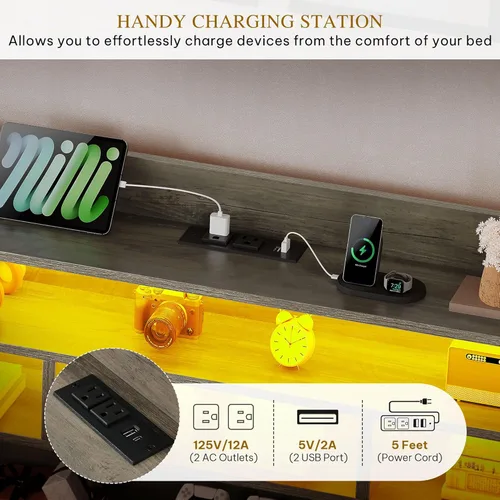 Miniatura 9 de DWVO Base de cama tamaño Queen con luces LED RGB y cabecera de estantería de almacenamiento, cama tapizada con estación de carga y 4 cajones,