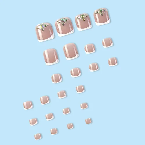 Miniatura 6 de Uñas postizas cuadradas a presión, uñas cortas MABKJLF blancas francesas de los pies, uñas postizas de verano brillantes con diamantes de imitación