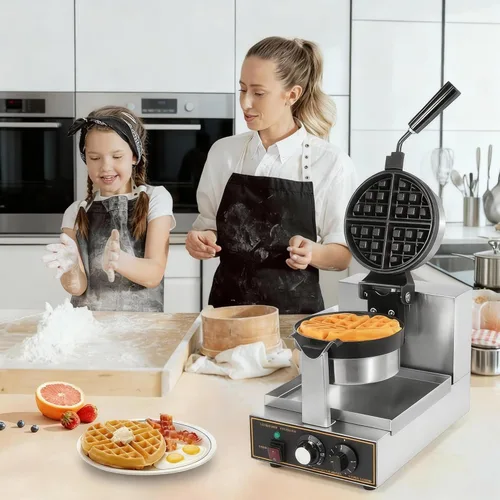 Miniatura 7 de WICHEMI Gofrera belga comercial gruesa, de hierro fundido redondo waflera giratoria, 180° Flip antiadherente Control de tiempo Temperatura ajustable
