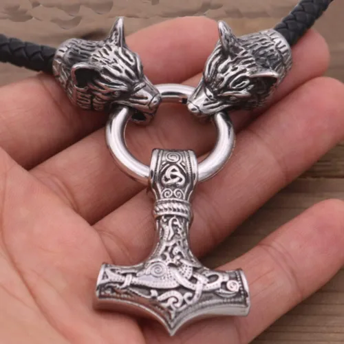 Miniatura 4 de Black Viking Odin Thunder Hammer And Roaring Wolf Head Mjolnir Thora's Hammer Amulet Necklace Viking Jewelry
