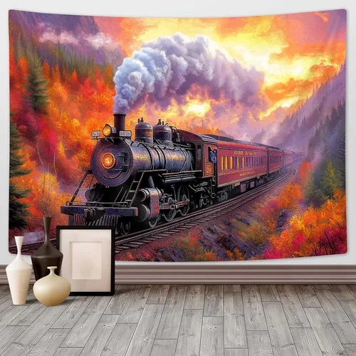 Tapiz de Tren de Vapor, Tapices de Paisaje Otoñal de Tren de Motor Antiguo Decoración para Niños, Tapices de Arte de Acuarela de Bosque de Montaña