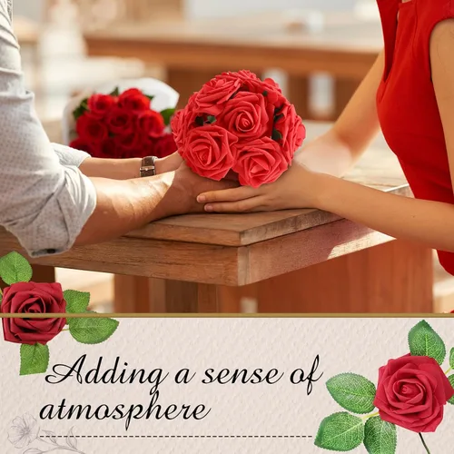 Miniatura 5 de Sherr 250 rosas artificiales a granel, rosas falsas con tallo, centro de mesa de flores sintéticas para boda, decoración del día de la madre, Borgoña