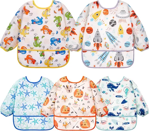 Miniatura 12 de Lictin Baberos de Manga Larga Paquete de 5 - Baberos para Bebé, Baberos Impermeables para Niños Pequeños, Delantal para Bebé para Comer, Baberos