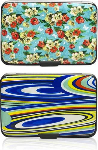 Oirtmiu Mini cartera de aluminio RFID para tarjetas de crédito, Flores y cuadrados, Moderno, colorido, ligero y práctico