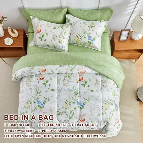 Miniatura 5 de Joyreap - Juego de ropa de cama tamaño Queen en una bolsa, 7 piezas, juego de edredón floral, hojas verdes y pájaros coloridos sobre diseño blanco