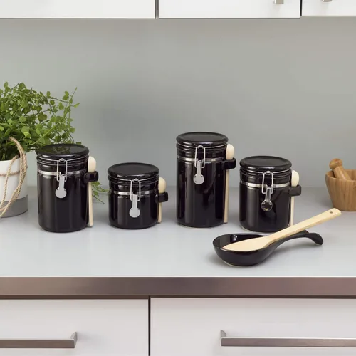 Miniatura 6 de Juego de tarros para la cocina (set de 4 piezas) negro, cerámica de alto brillo de Home Basics, set decorativo de cocina con cucharas de madera, set