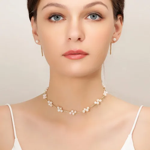Miniatura 5 de Gargantilla de perlas, chapado en oro de 14 quilates, delicado collar de gargantilla con cuentas para mujeres y niñas, collar de perlas naturales