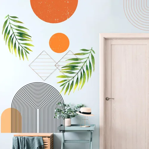 Miniatura 5 de Calcomanías de Pared Bohemias de Mediados de Siglo Modernas Despegar y Pegar, Pegatinas de Vinilo de Pared de Arcos Grandes Sol, Hojas Plantas