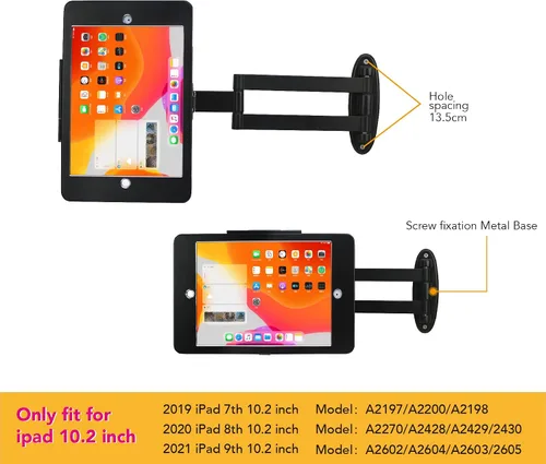 Miniatura 4 de Soporte de pared para tableta con pliegue para iPad de 10.2 pulgadas (9ª, 8ª, 7ª generación), brazo giratorio ajustable con bloqueo de seguridad
