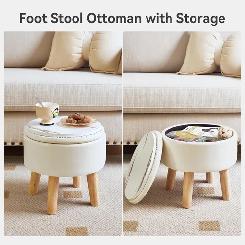 Miniatura 5 de IBUYKE Taburete otomano de 13 pulgadas con almacenamiento, reposapiés pequeño redondo con asiento acolchado y patas de madera, mini reposapiés