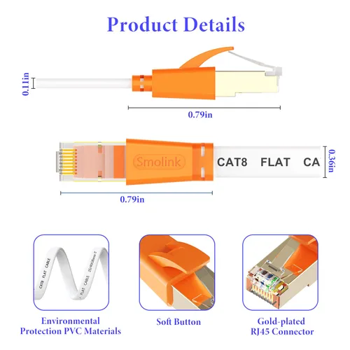 Miniatura 6 de Smolink - Cable Ethernet de 15 pies, Cable Ethernet Cat 8 de 2000 MHz, 40 Gbps, Cable LAN plano profesional de Internet, Cable de conexión SFTP