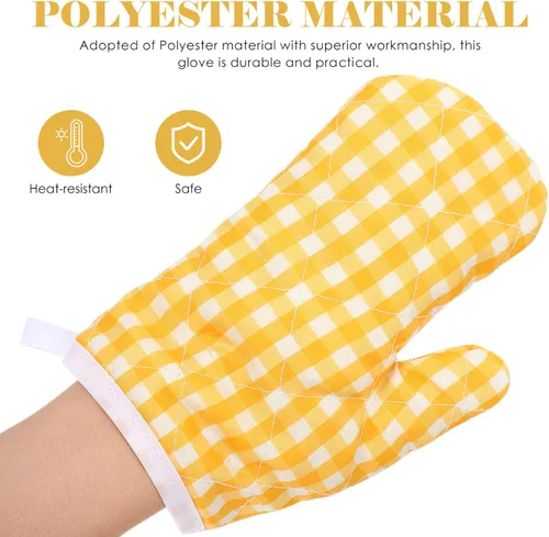 Miniatura 5 de 2 guantes de horno para niños para jugar a la cocina, guantes para horno de microondas, guantes de cocina para hornear, a cuadros amarillos