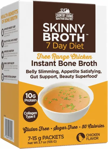 Country Farms Caldo Desgrasado, Caldo Instantáneo de Huesos de Pollo, 10G de Proteína, Colágeno Tipo II, Promueve una Mejor Digestión, Apoya la