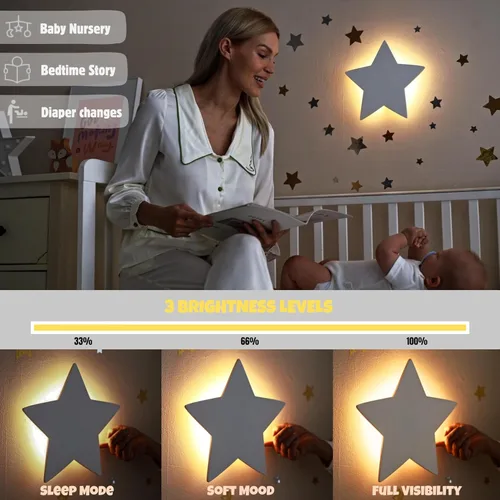 Miniatura 5 de KALEOLI Luz nocturna de estrellas para guardería, luz de pared regulable y recargable para niños, juego de 106 calcomanías de pared de luna