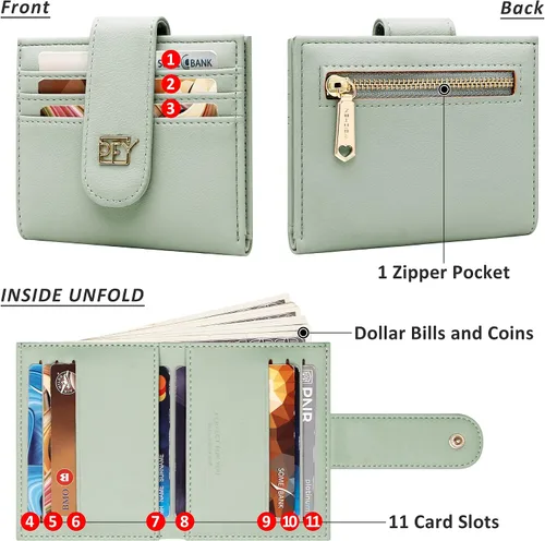 Miniatura 5 de Badiya Billeteras pequeñas para mujer, billetera plegable multitarjetero delgado con cremallera, Verde claro, Minimalista