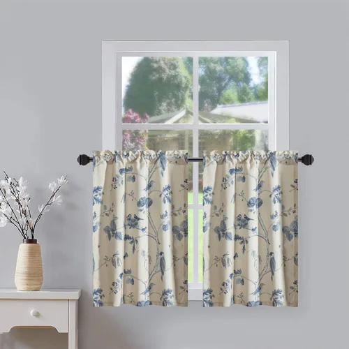Miniatura 48 de Leeva Cortinas rústicas de cocina con estampado floral verde mezclado de lino para media ventana, para comedor, bolsillo para barra, cafetería