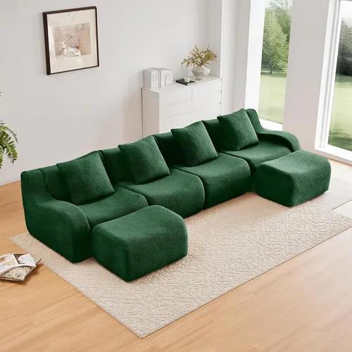 Miniatura 17 de Otomana de tela de peluche negra, moderno reposapiés modular sin hueso en una caja para sala de estar, cómodo diseño de asiento profundo,