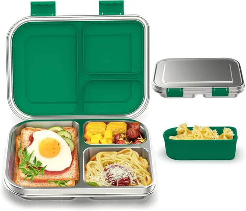 BABHAMNESS Lonchera Bento de acero inoxidable para niños, 3 compartimentos a prueba de fugas, lonchera Bento de metal, contenedores de almuerzo Verde
