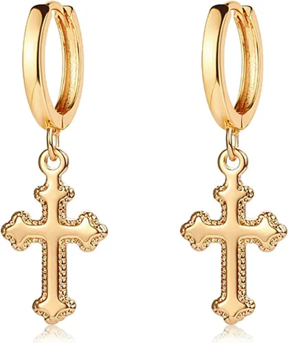 MEVECCO Aretes pequeños de aro de cruz chapados en oro de 14 quilates, delicados, minimalistas, simples, con cruz de fe para mujeres y niñas, regalo