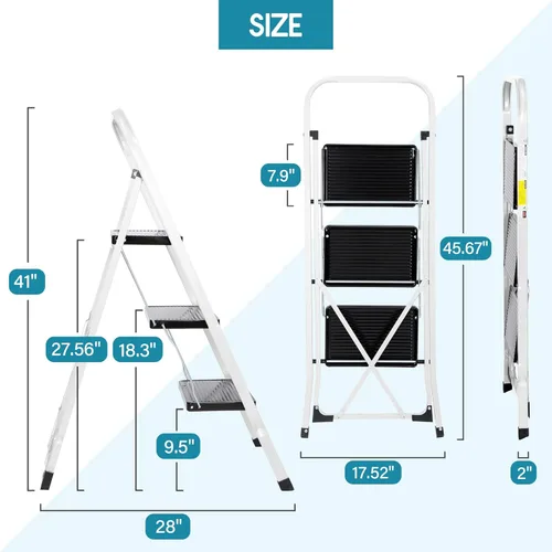 Miniatura 4 de ZENY Taburete plegable de escalera de 3 escalones con pedal antideslizante ancho, mango conveniente, taburete de acero portátil, escalera de acero