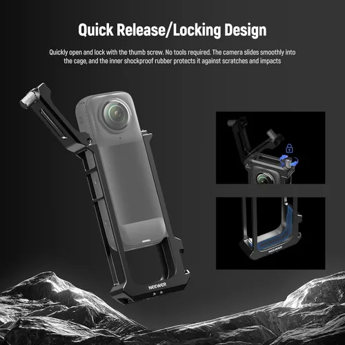 Miniatura 2 de NEEWER Jaula de cámara para Insta 360 X4, funda protectora compatible con Insta360 X 4, plataforma de video de aleación de aluminio de liberación