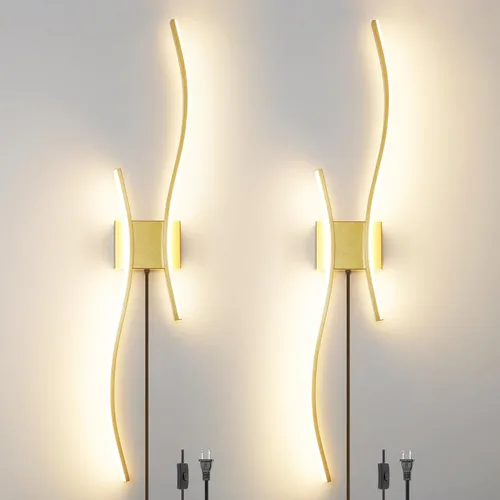 Miniatura 20 de Juego de 2 lámparas de pared enchufables modernas Daunton, luz de pared LED regulable dorada con control remoto, 3CCT ajustable y función