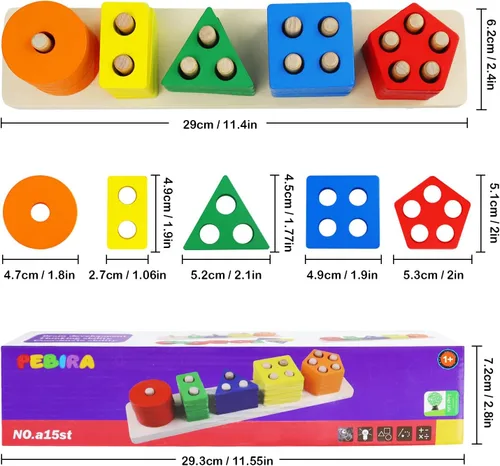 Miniatura 6 de PEBIRA Juguetes Montessori para niños y niñas de 1 a 3 años, juguetes de clasificación y apilamiento de madera para niños pequeños y preescolares