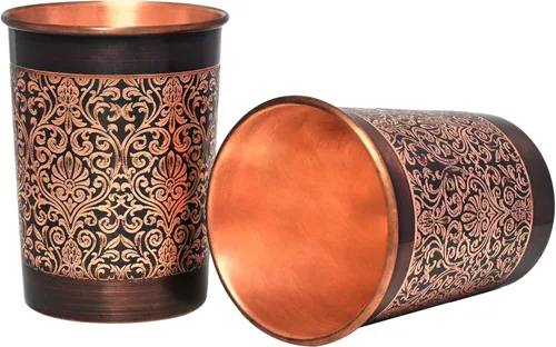 Miniatura 2 de Juego de 2 vasos de cobre, diseño floral, 8.5 fl oz (8.45 onzas líquidas) de capacidad para beneficios para la salud del ayurveda (recto)