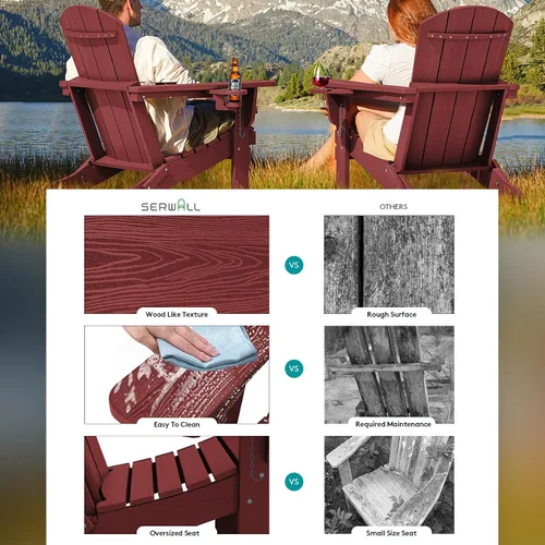 Miniatura 3 de SERWALL Silla Adirondack con portavasos – Juego de 2 sillas Adirondack compuestas para exteriores de polietileno de alta densidad para todo