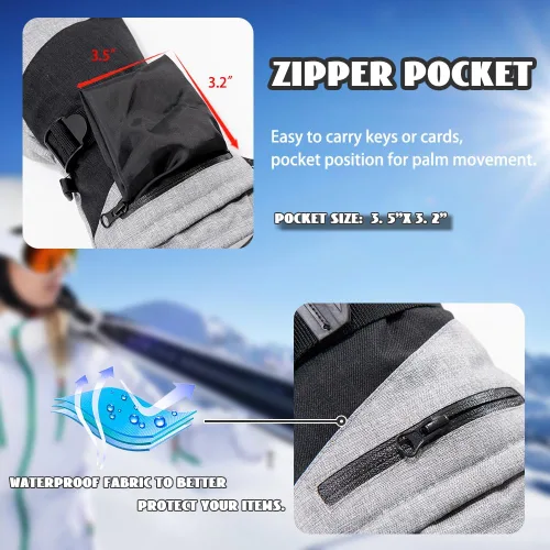 Miniatura 4 de Ixsun Guantes de esquí para hombres y mujeres, bolsillo con cremallera, suaves, cálidos, impermeables, resistentes al viento, adecuados para esquís