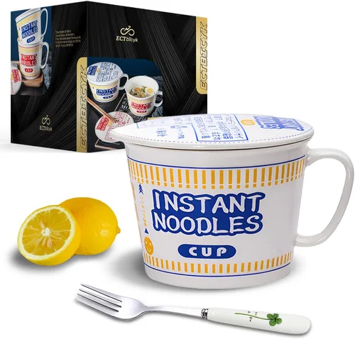 Miniatura 8 de Tazones de ramen con tapa y asa, lindos tazones de fideos instantáneos para ramen, juegos de cuencos grandes de cerámica con tenedor, regalo para 2