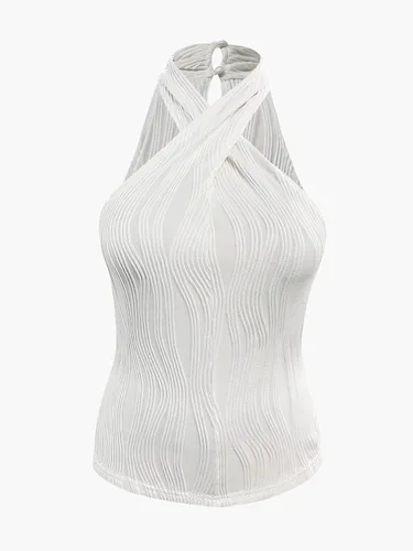 Miniatura 6 de SOFIA'S CHOICE Camiseta sin mangas sexy con cuello halter para mujer, con textura cruzada