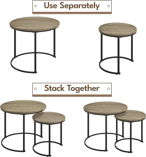 Miniatura 7 de Yaheetech Juego de 2 mesas auxiliares anidables, mesas auxiliares apilables rústicas, juego de mesa auxiliar anidable con mesa redonda de madera