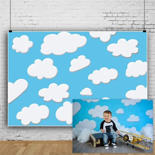 Laeacco Fondo de dibujos animados de 7 x 5 pies, cielo azul, nubes blancas, fondo de fotografía de cumpleaños para niños, fiesta temática de