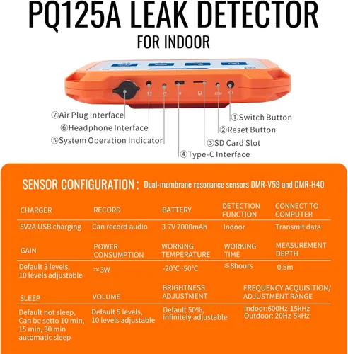 Miniatura 5 de Detectores de fugas de agua subterráneas para el hogar PQ125A Detección de fugas de agua en tuberías de pared con pantalla táctil, auriculares