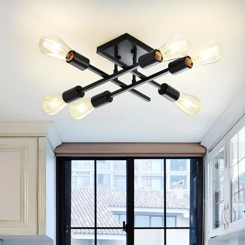 Miniatura 10 de Lámpara de techo semiempotrada de 6 luces, níquel cepillado industrial cerca del techo, moderna base E26 Sputnik lámpara de techo para cocina