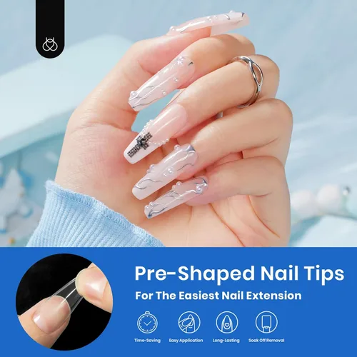 Miniatura 2 de Kit de uñas acrílicas Beetles 500 unidades, uñas postizas largas en forma de ataúd, transparentes, de cobertura completa, suaves, para extensión