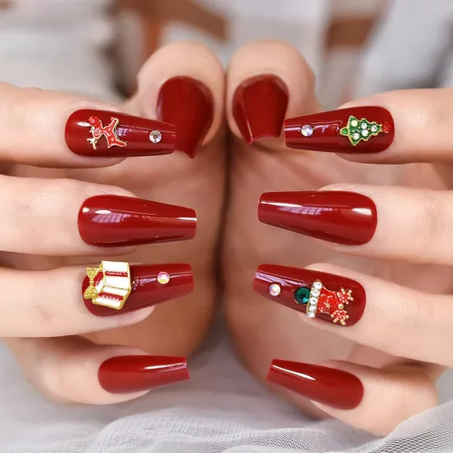 Miniatura 3 de ELEVENAIL Uñas de Navidad con caja de regalo de dibujos animados de diamantes de imitación 3D, ciervo, árbol rojo, uñas postizas medianas largas