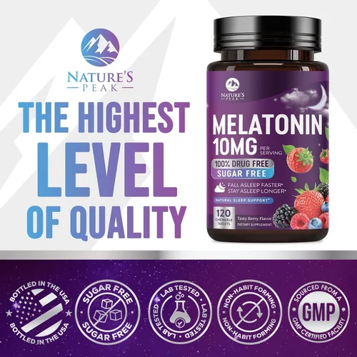 Miniatura 5 de Suplementos de apoyo para dormir de melatonina – Melatonina de disolución rápida de 10 mg por porción para adultos – Tabletas de melatonina