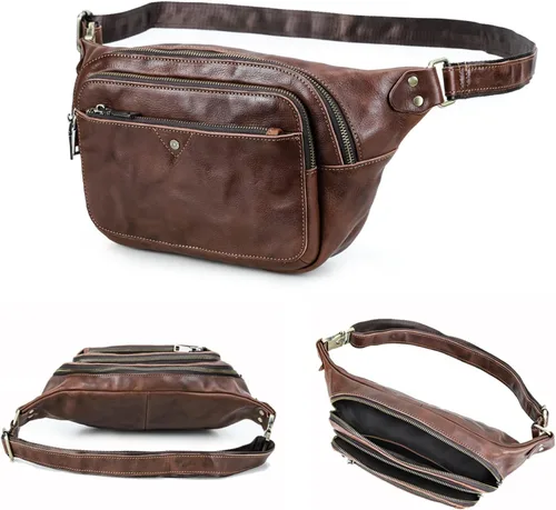 Riñonera delgada de cuero genuino de grano superior para hombre y mujer, diseño minimalista vintage, hecho a mano con accesorios desmontables,