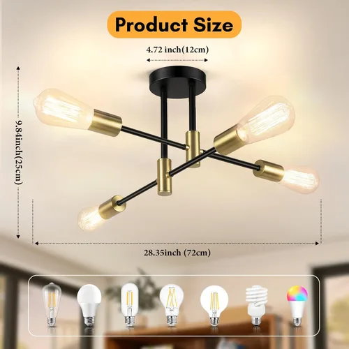 Miniatura 6 de Bosceos Lámpara de techo semiempotrada, lámpara de techo Sputnik moderna de 4 luces negras y doradas, lámpara de techo industrial para cocina