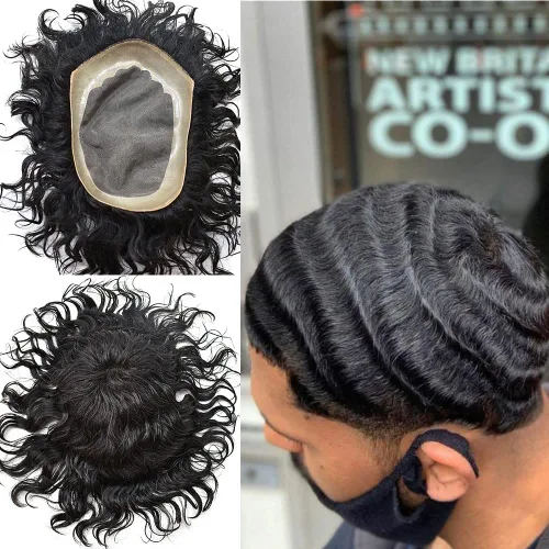 Miniatura 18 de Afro - Tupé para hombre, duradero, base fina, mono, rizado, cabello ondulado africano, piezas para hombres negros, mono encaje de poliuretano