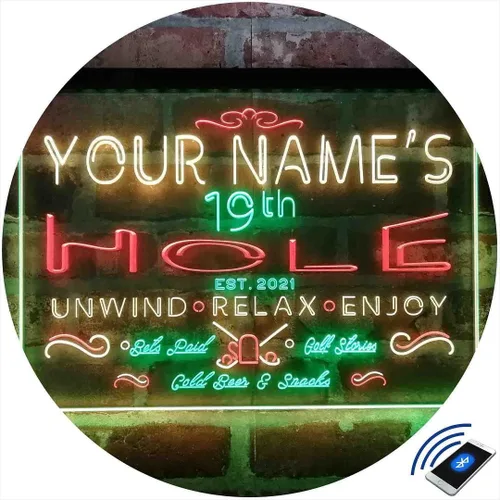 Miniatura 3 de Personalized 19th Hole Golf Club Tri-Color LED Neon Light Sign Customize Name Date Text Quote Font Green & Red & Yellow 13 x 8.7 Inches