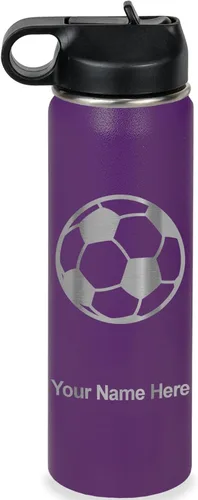 Miniatura 43 de LaserGram Botella de agua personalizada, pelota de fútbol, acero inoxidable de doble pared aislada al vacío con popote superior, regalo grabado